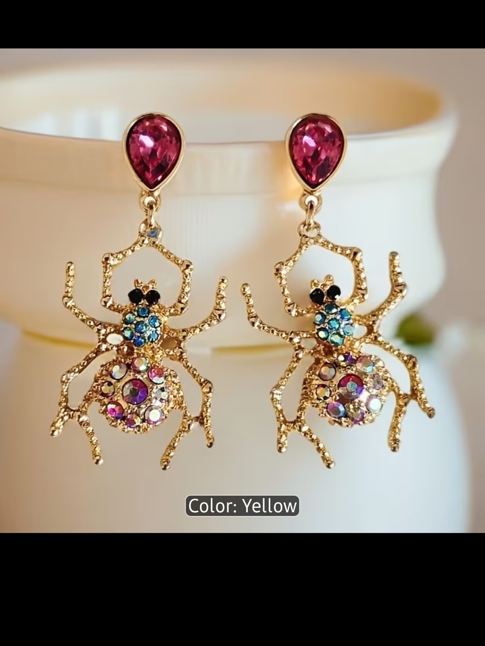 Gold Spider Drop Earrings with Pink Crystal Accent